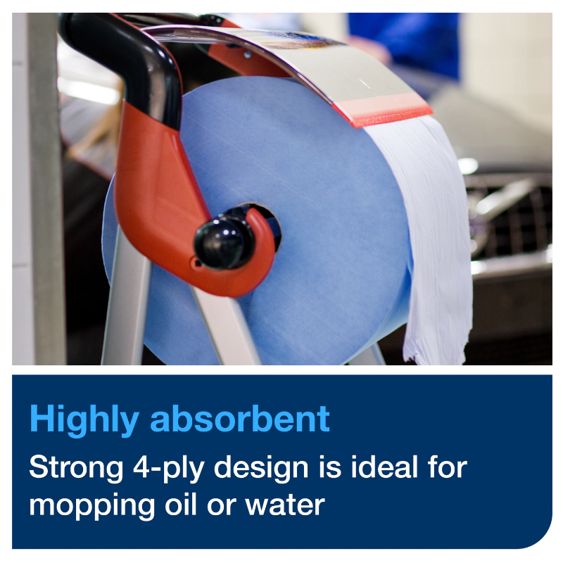 Tork® Advanced Industrial Paper Wiper, Centrefeed, 4-Ply, Blue, 375 Wipers/Roll, 2 Rolls/Case