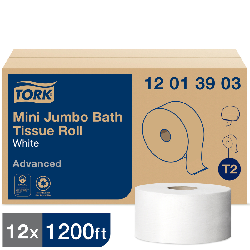 Tork® Advanced Mini Jumbo Bath Tissue Roll, 1-Ply, White, 1200'/Roll, 12 Rolls/Case