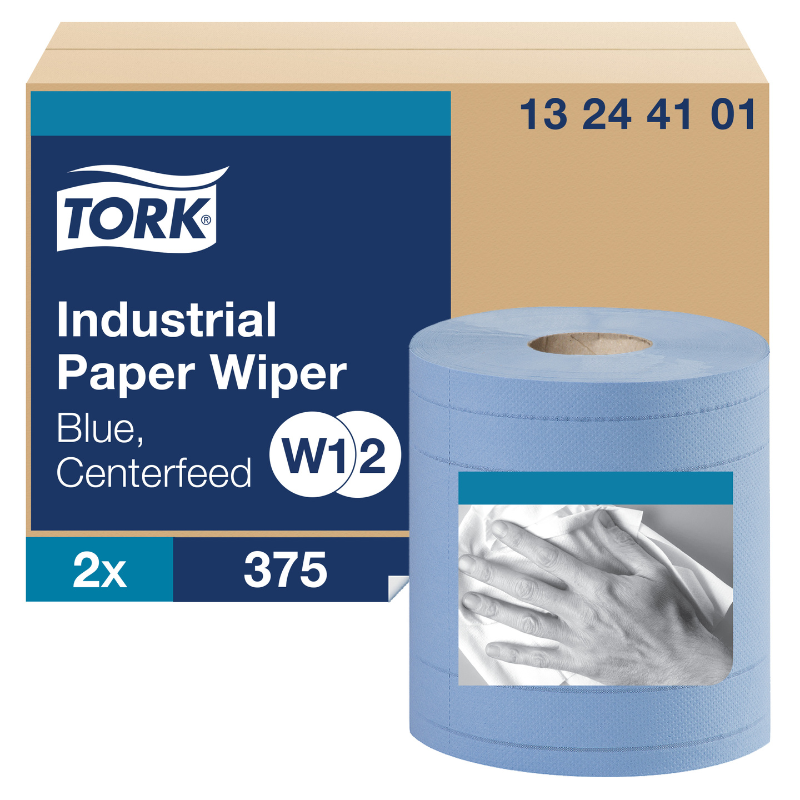 Tork® Advanced Industrial Paper Wiper, Centrefeed, 4-Ply, Blue, 375 Wipers/Roll, 2 Rolls/Case
