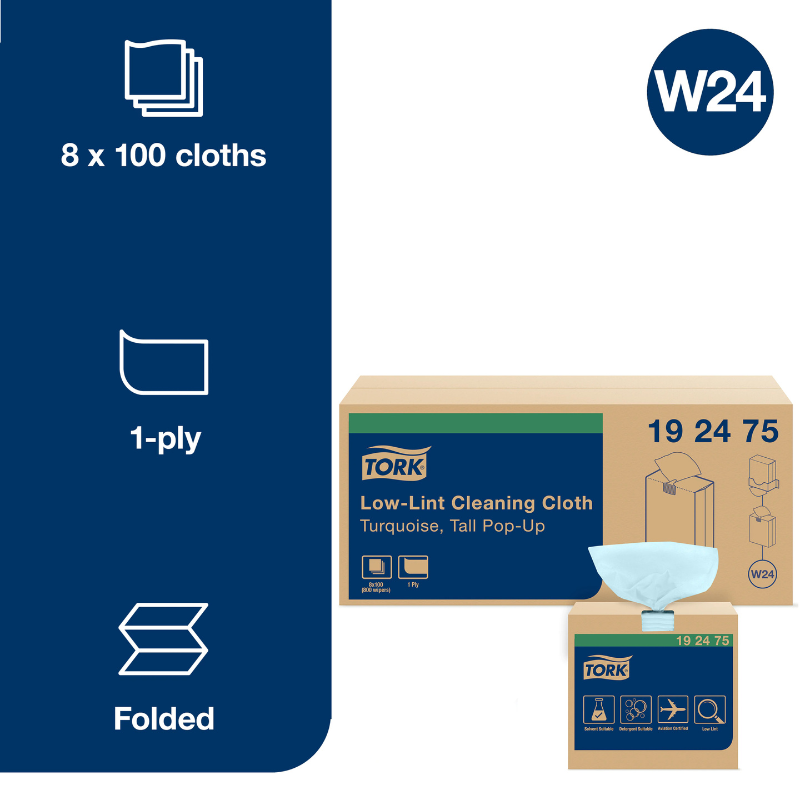 Tork® Low-Lint Cleaning Cloth In Pop-Up Box, 1 Ply, Turquoise, 100 Wipers/Box, 8 Boxes/Case