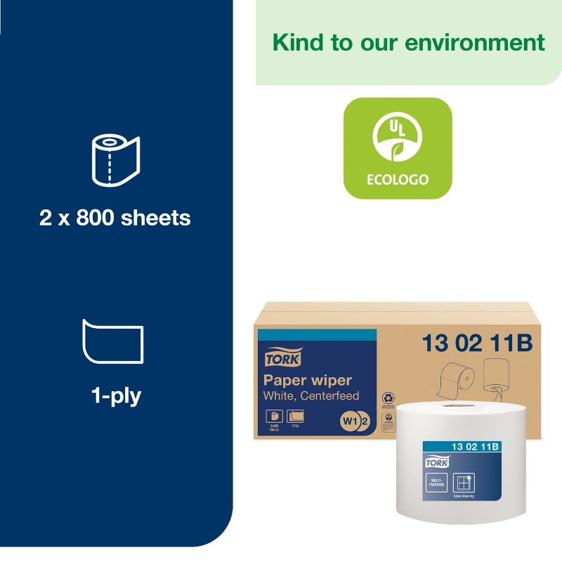 Tork® Paper Wiper Centrefeed, 2-Ply, White, 800 Sheets/Roll, 2 Rolls/Case